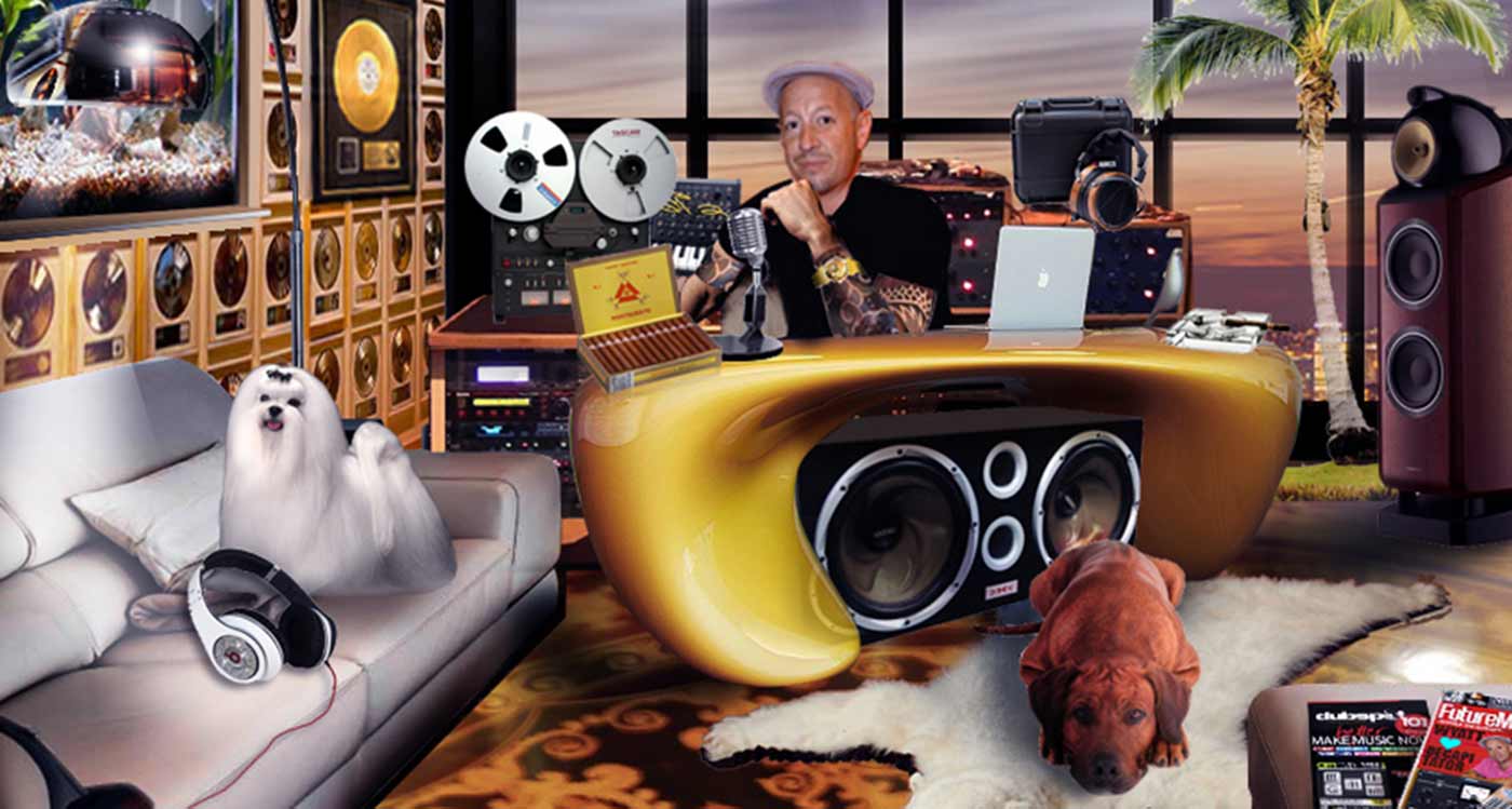 Photoshop mashup of Daniel Wyatt sat in home studio with dogs, headphones and speakers in a 1970s Los Angeles apartment with gold selling records on the wall